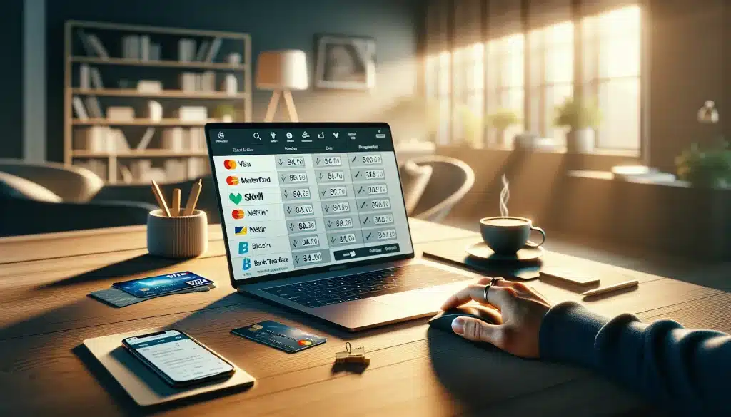 man-comparing-online-casino-payment-methods-on-laptop-with-cards-and-smartphone-on-desk