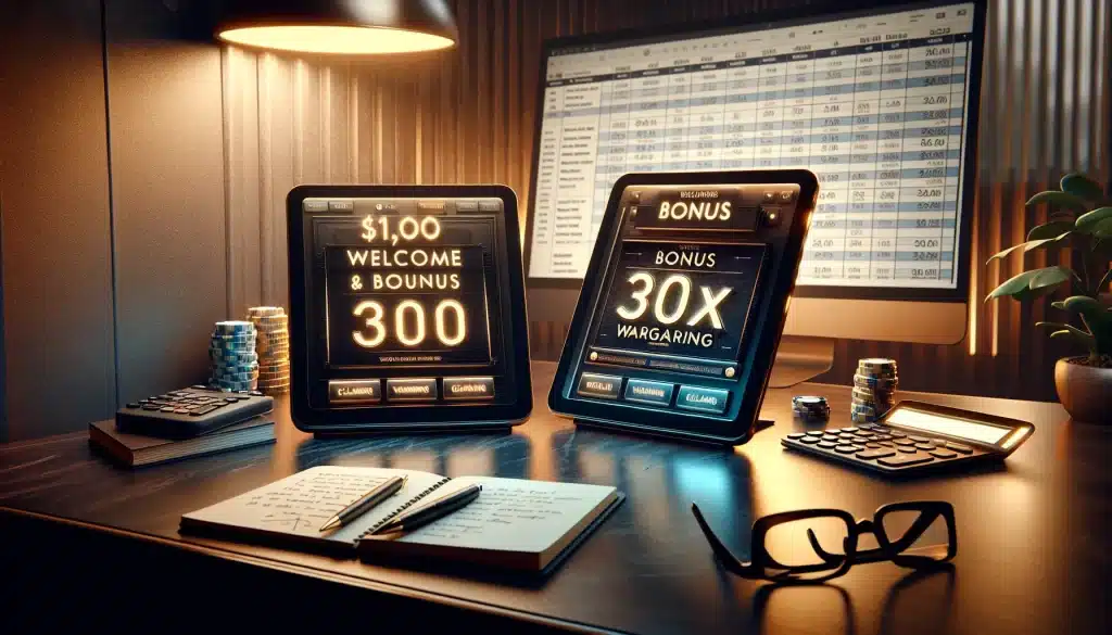 two-digital-tablets-comparing-casino-bonus-offers-on-a-desk-with-calculator-and-notes