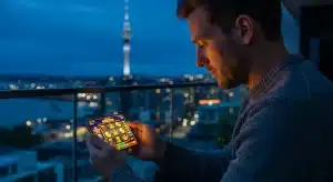 a-man-playing-online-pokies-on-a-smartphone-against-the-auckland-skyline-at-night