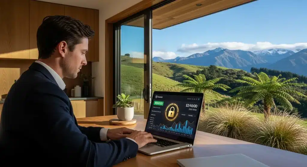 a-man-reviewing-online-casino-security-and-nzd-banking-options-on-a-laptop-in-a-new-zealand-home-off