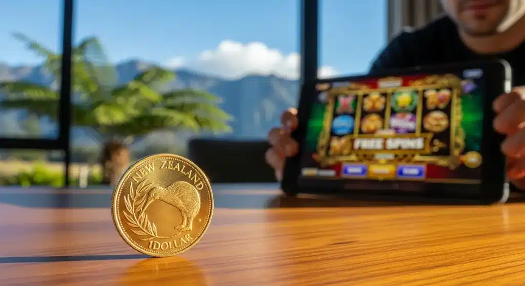 a-new-zealand-one-dollar-coin-near-a-tablet-showing-online-casino-free-spins