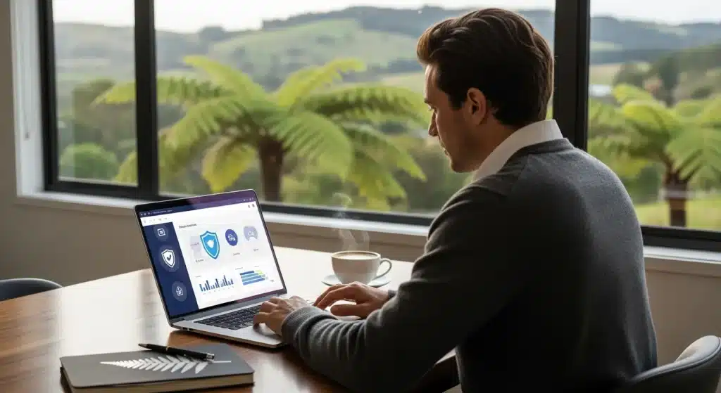 a-person-in-new-zealand-reviewing-online-casino-safety-features-on-a-laptop