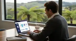 a-person-in-new-zealand-reviewing-online-casino-safety-features-on-a-laptop