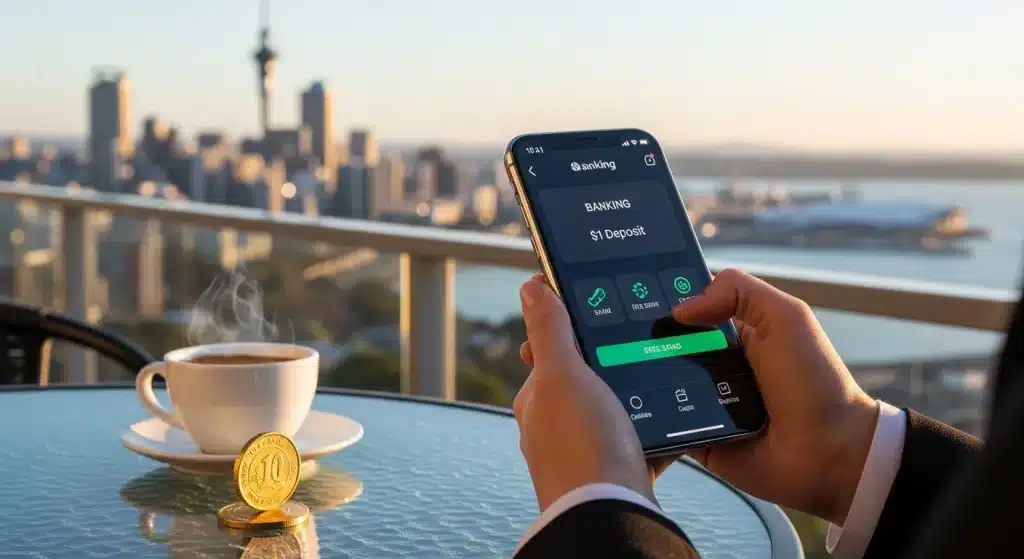 a-person-using-a-smartphone-to-make-a-one-dollar-casino-deposit-with-the-auckland-skyline-in-the-bac