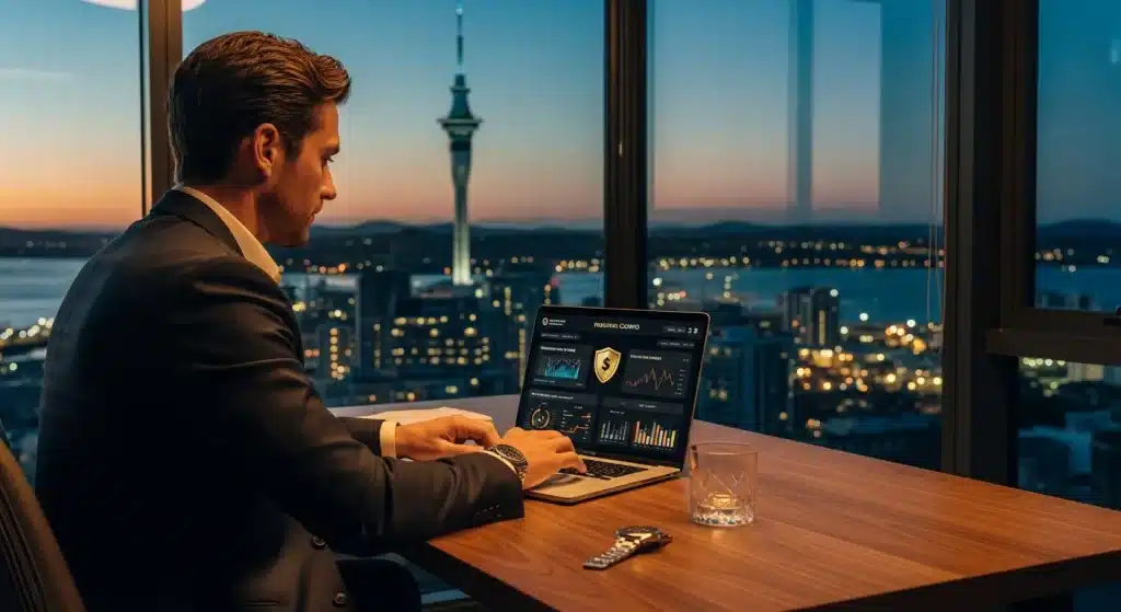 a-professional-man-reviewing-a-secure-online-casino-website-on-a-laptop-with-the-auckland-skyline-in