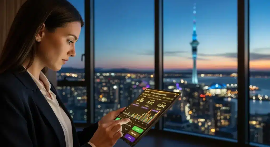 a-woman-analyzing-online-progressive-jackpot-statistics-on-a-tablet-with-the-auckland-skyline-in-the