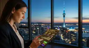 a-woman-analyzing-online-progressive-jackpot-statistics-on-a-tablet-with-the-auckland-skyline-in-the