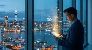 financial-analyst-reviewing-instant-transaction-data-on-a-tablet-with-the-auckland-skyline-backgroun