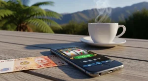 smartphone-displaying-online-casino-free-spins-offer-next-to-a-new-zealand-five-dollar-note