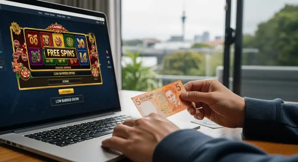 a-player-holding-a-new-zealand-five-dollar-note-next-to-an-online-casino-game-on-a-laptop