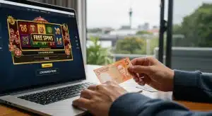 a-player-holding-a-new-zealand-five-dollar-note-next-to-an-online-casino-game-on-a-laptop