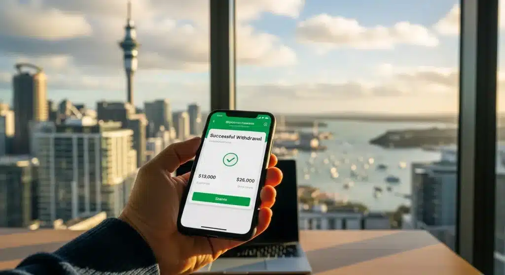 hand-holding-smartphone-showing-withdrawal-confirmation-with-auckland-skyline-in-background