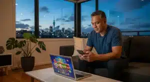man-using-laptop-and-smartphone-for-online-casino-gaming-in-auckland-living-room-at-dusk