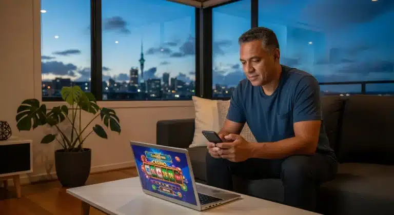 man-using-laptop-and-smartphone-for-online-casino-gaming-in-auckland-living-room-at-dusk