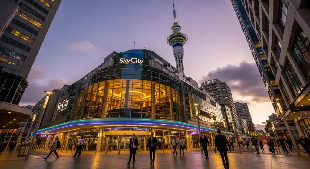 skycity-auckland-casino-and-sky-tower-at-dusk-with-business-professionals-outside