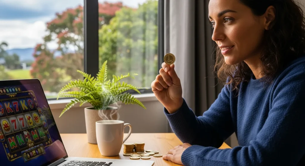 woman-holding-a-new-zealand-dollar-coin-while-browsing-online-casino-slots-on-laptop