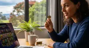 woman-holding-a-new-zealand-dollar-coin-while-browsing-online-casino-slots-on-laptop