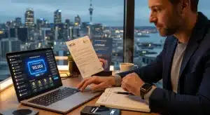 investor-checking-an-online-casino-jackpot-dashboard-with-auckland-skyline-visible