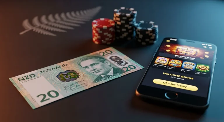 a-new-zealand-20-banknote-next-to-a-phone-showing-an-online-casino-bonus-screen