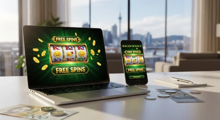 laptop-and-phone-showing-free-spins-casino-games-on-a-desk-with-nzd-currency