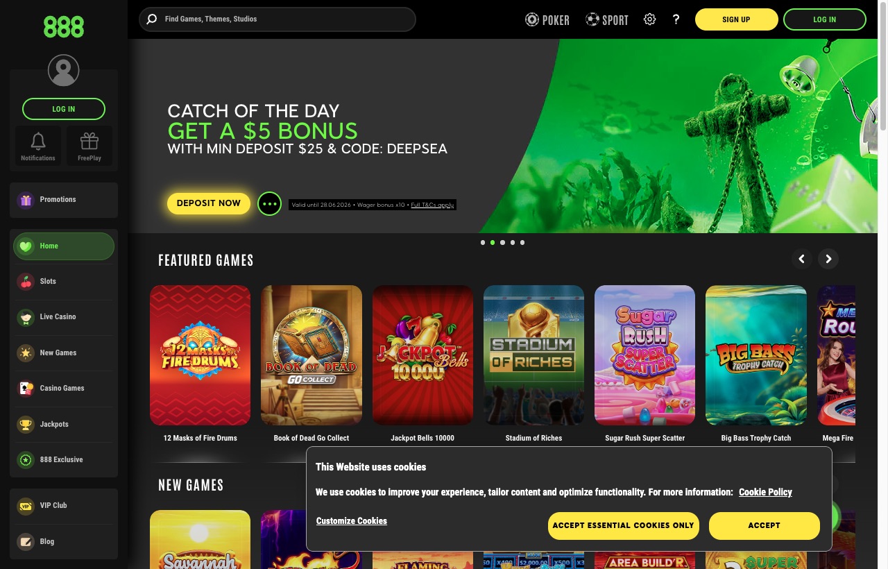 888 Casino homepage showing the no-deposit bonus and featured games