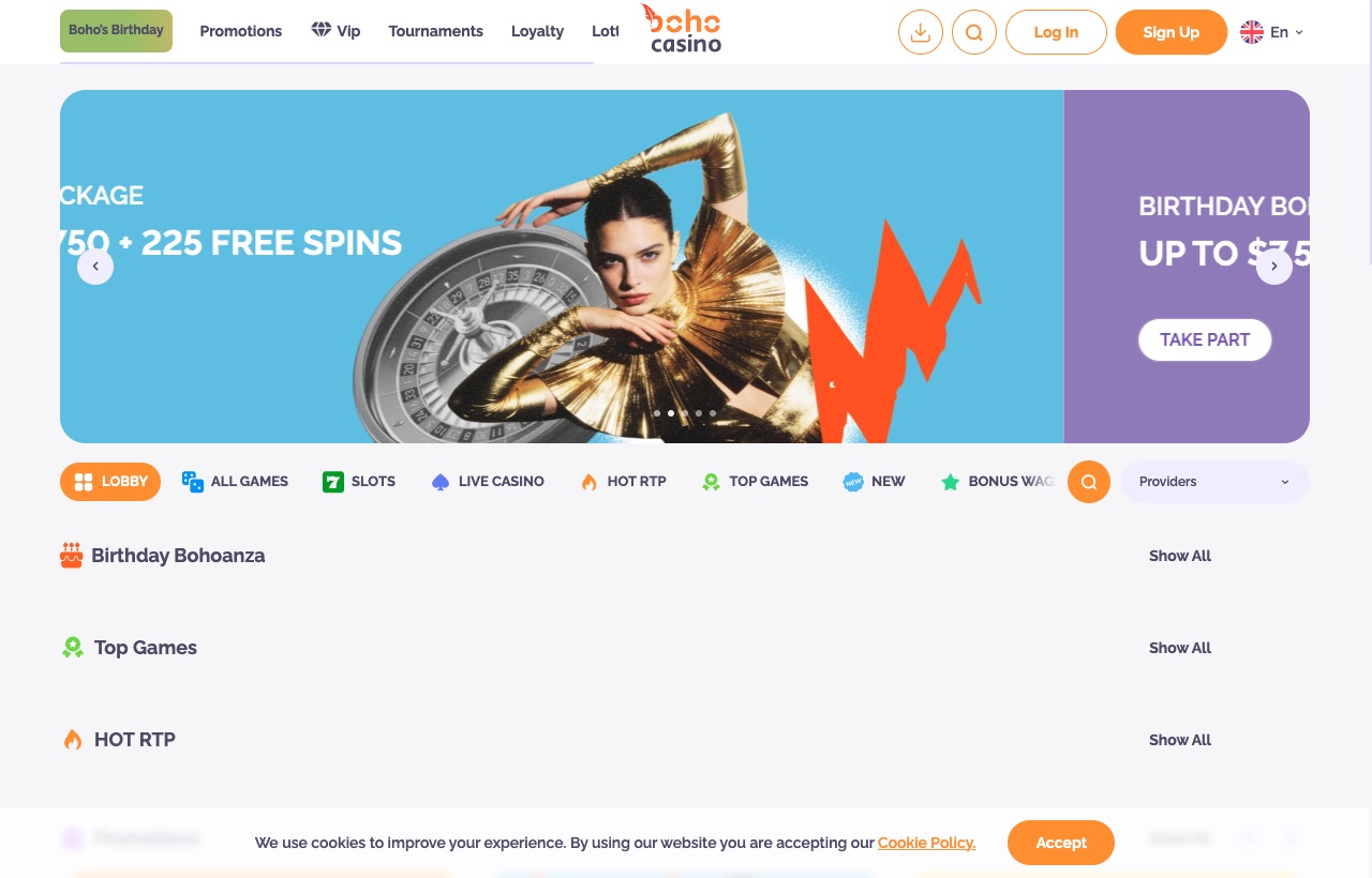 Boho Casino homepage featuring birthday promotions and the live game lobby