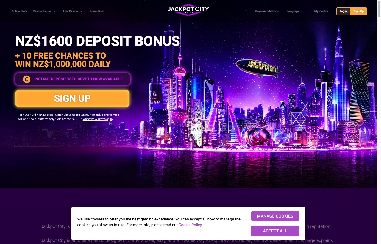 Jackpot City Casino homepage showing the live casino lobby and NZ$1,600 bonus