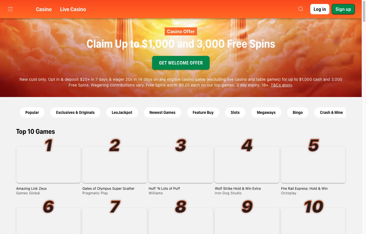 LeoVegas Casino homepage showing the NZ live casino offer