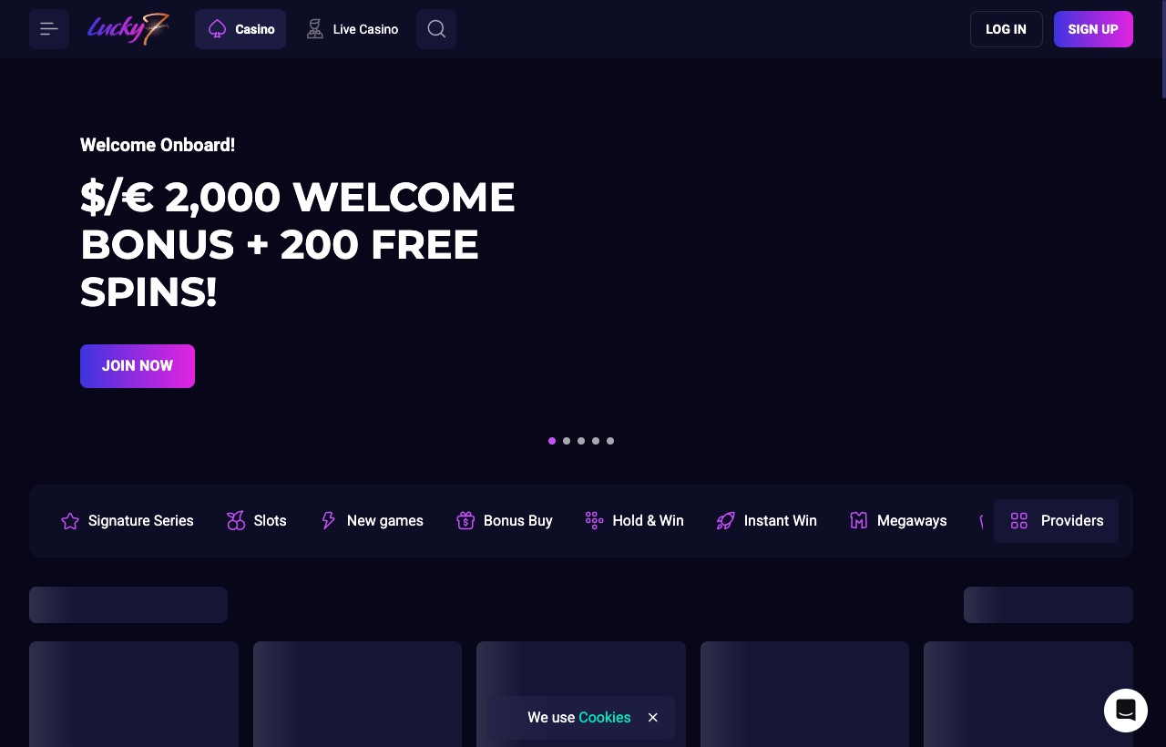 Lucky7even Casino homepage displaying the NZ$2,000 welcome bonus and 200 free spins