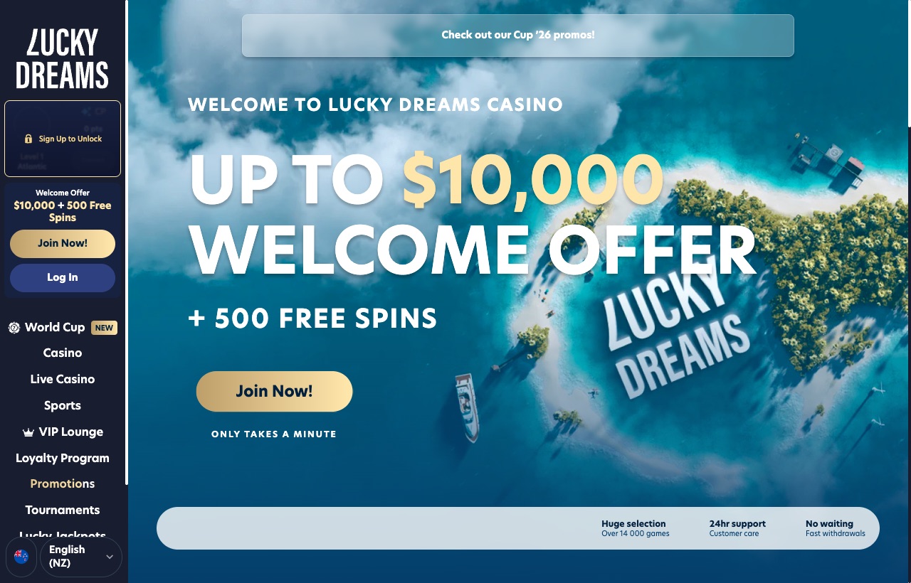 LuckyDreams Casino homepage showing the NZ$10,000 welcome offer and 500 free spins