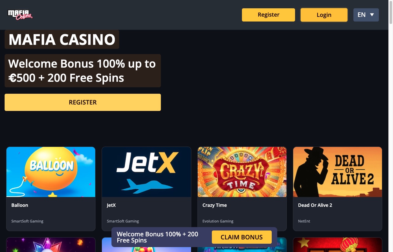 Mafia Casino homepage with the 100% welcome bonus and 12,000+ game selection