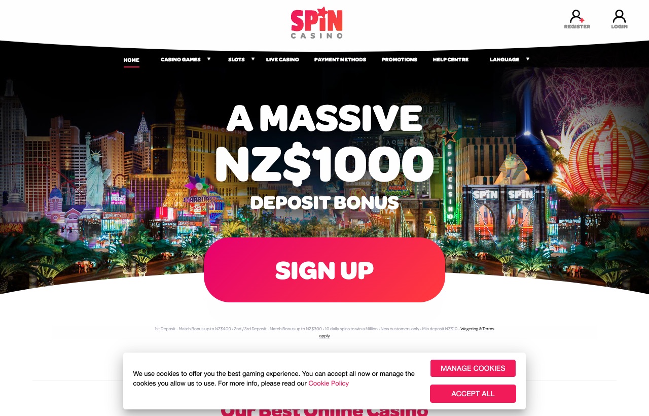 Spin Casino homepage showing the NZ$1,000 deposit bonus