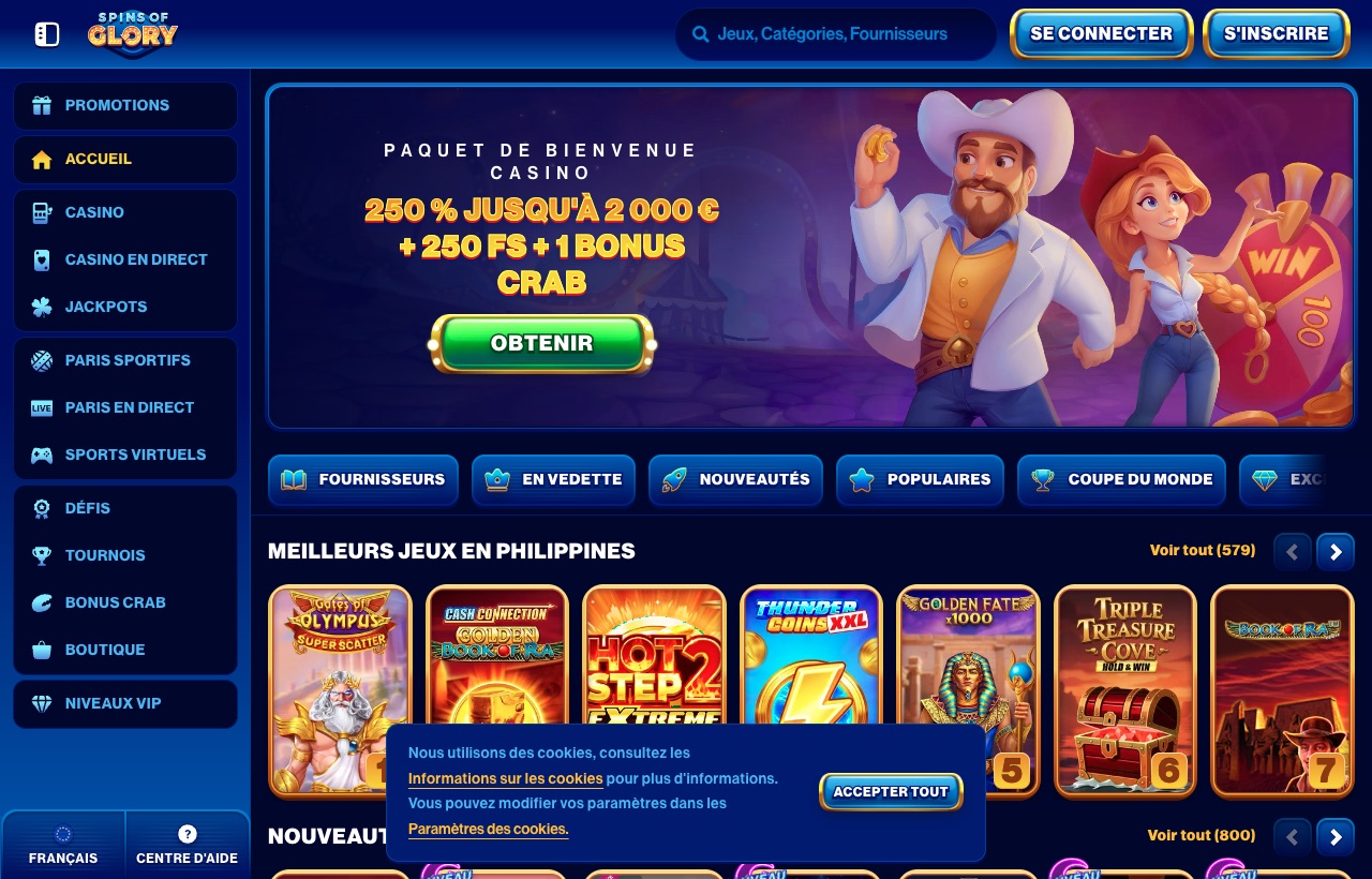 Spins of Glory Casino homepage showing the NZ$2,000 welcome package and game lobby