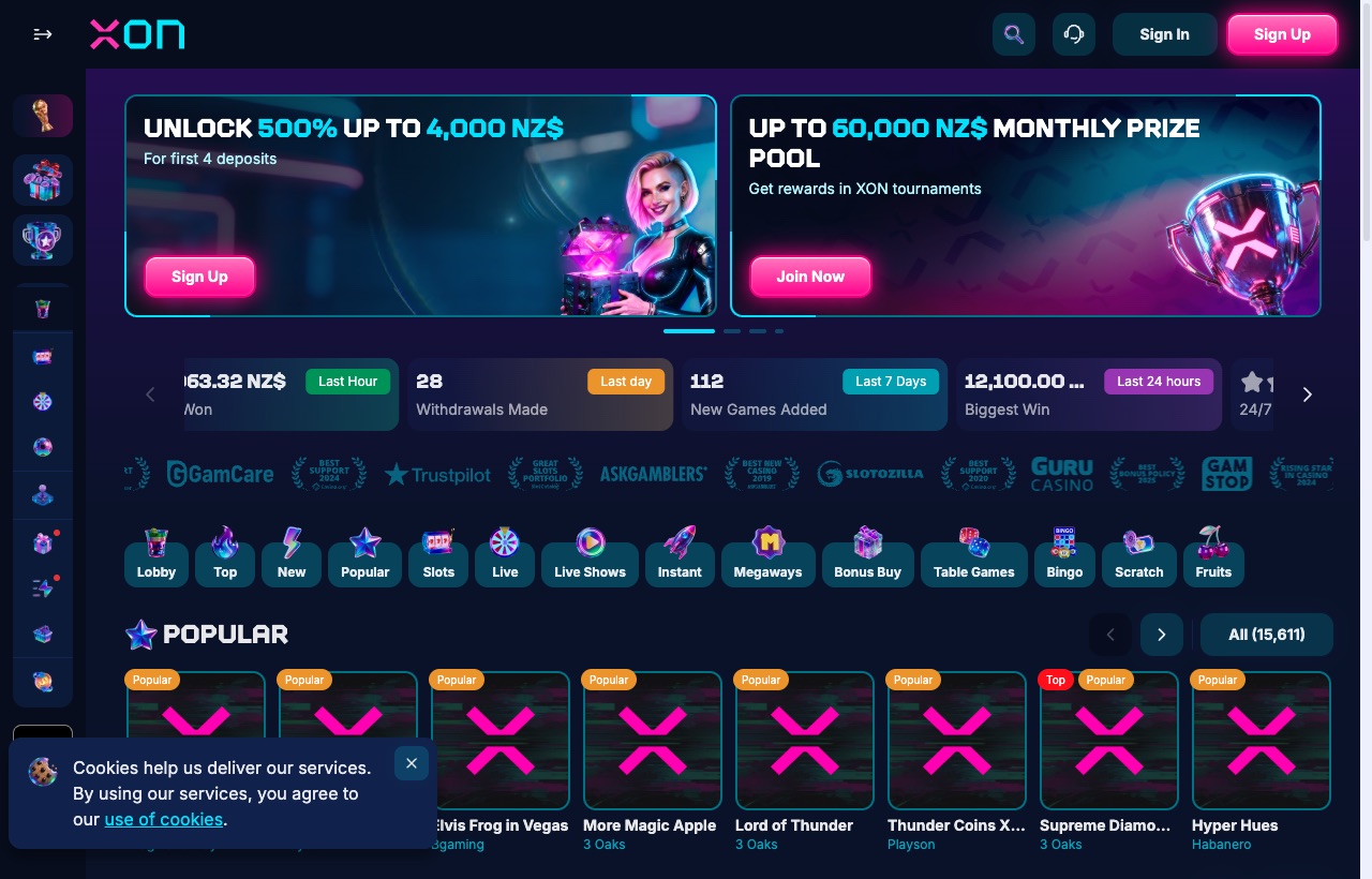 XON Casino homepage featuring the 500% welcome bonus up to NZ$4,000 and crypto banking