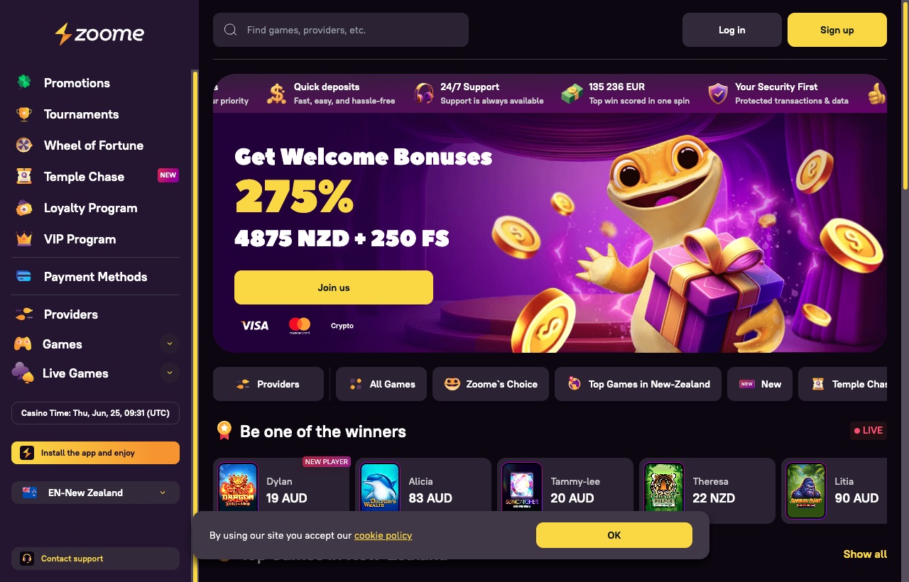 Zoome Casino homepage with the 275% NZ$4,875 welcome bonus and 12,000+ game library