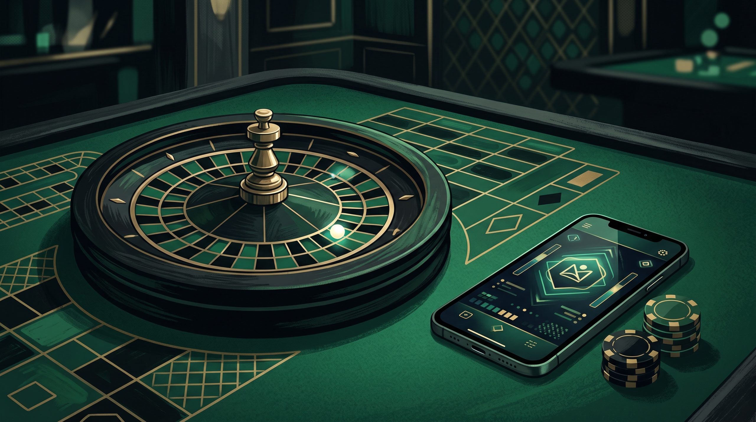 Illustration of a roulette wheel and ball beside a smartphone, representing online roulette play in New Zealand